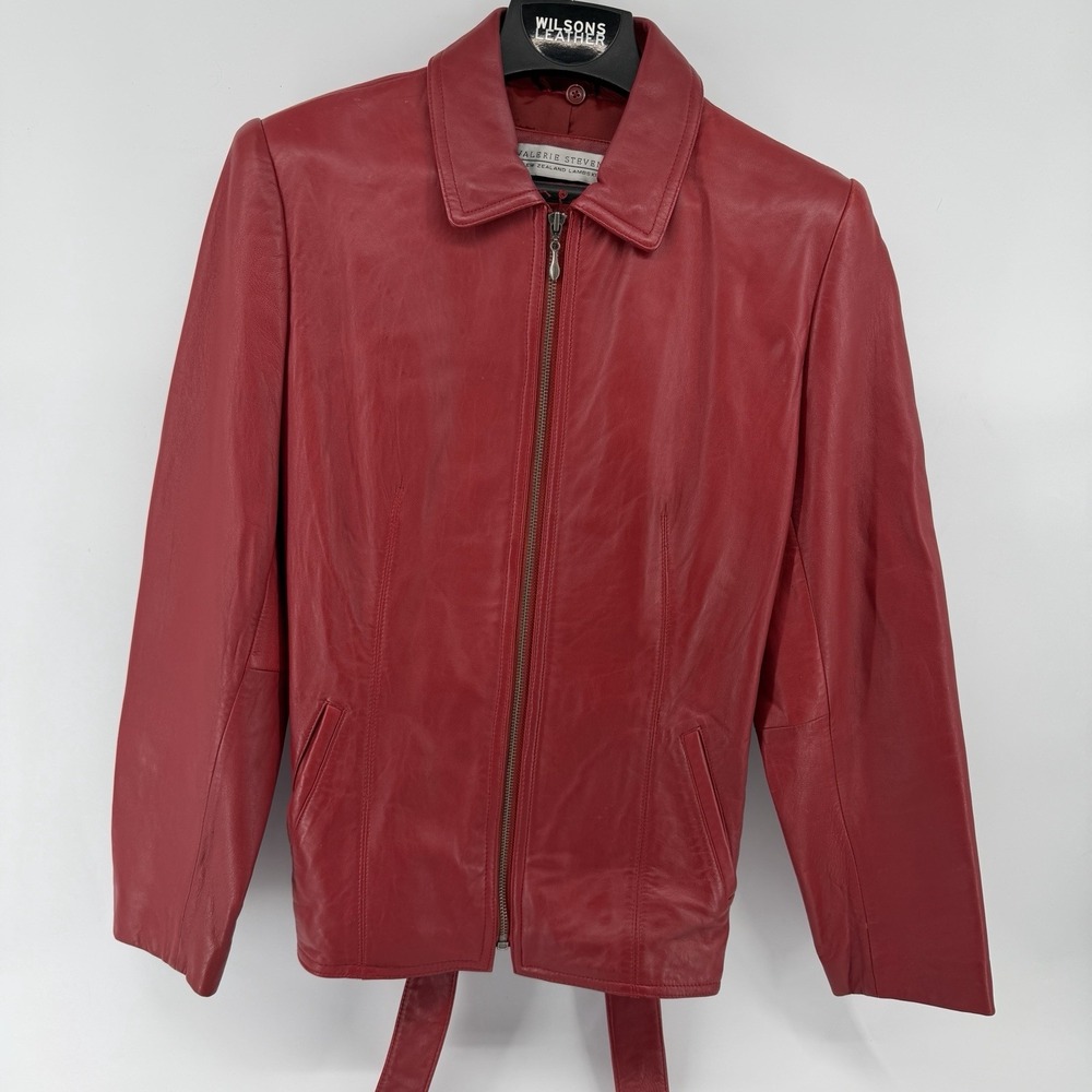 Valerie Stevens VTG Red Leather Jacket Size 8 Zip W/Belt New Zealand Lambskin